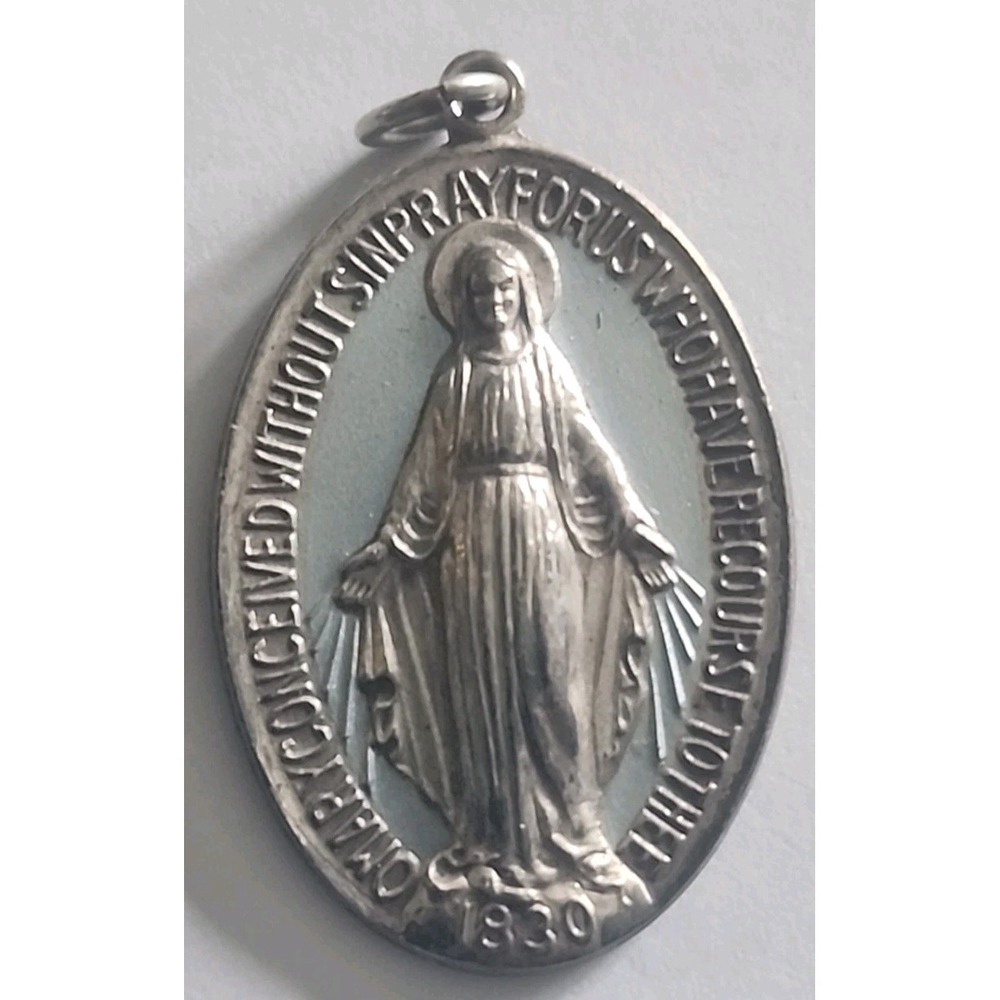 Vintage Catholic Miraculous Medal Devotional Pendant Virgin Mary Religious